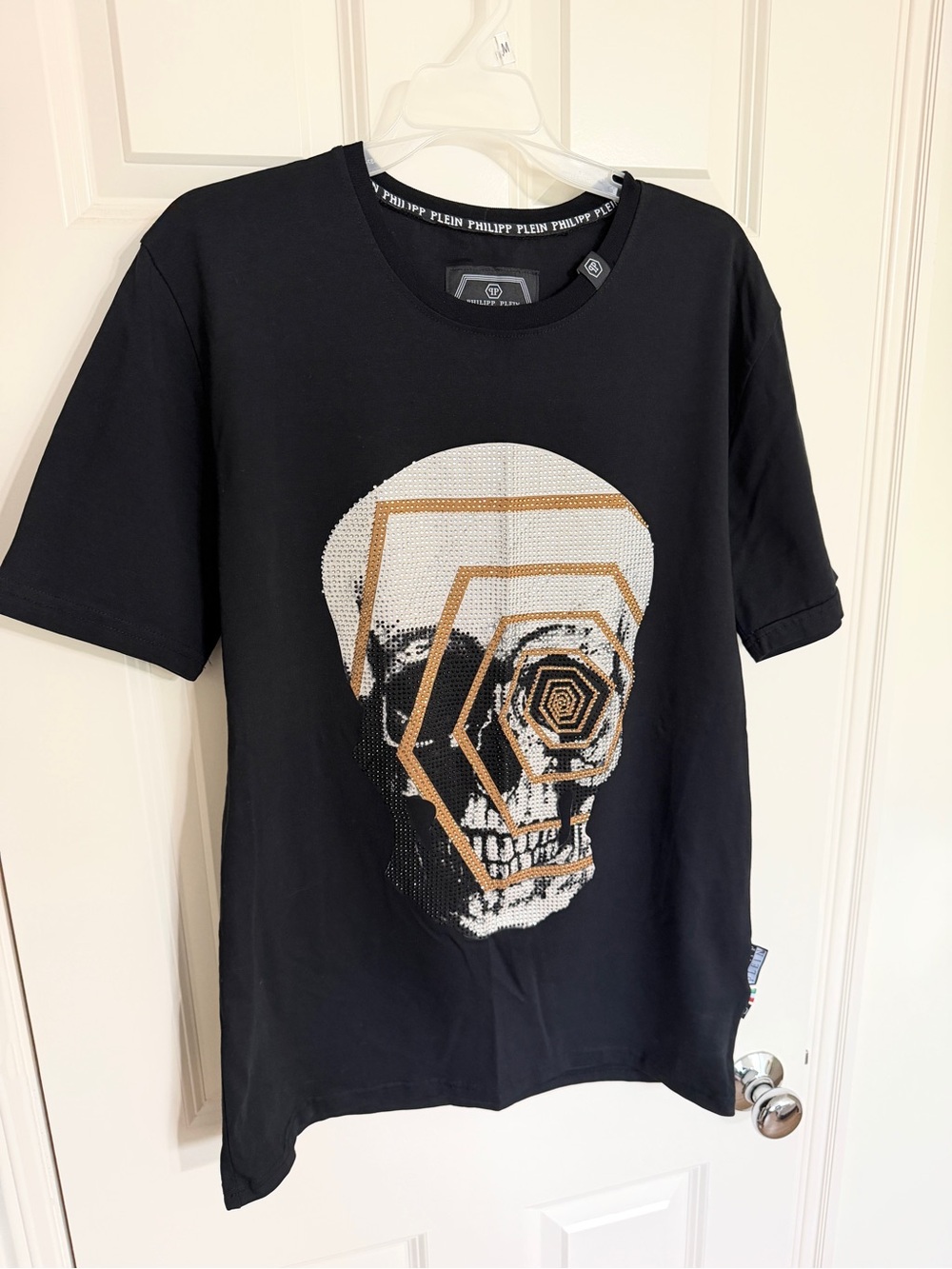 Philipp Plein Black Tee with Metallic Skull Detail